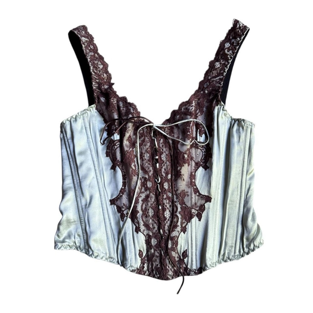 Vintage Janet Reger romantic whimsygoth teal silk and brown lace bustier corset